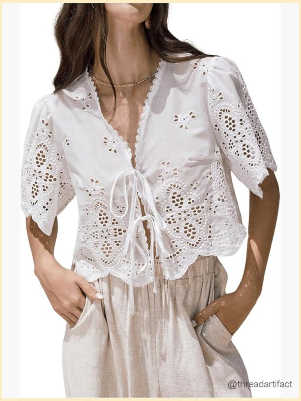 Hollow Tie Front Crop Top Ruffle Short Sleeve V Neck Blouse - Picture 1 of 5